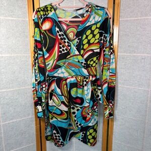 Vintage Ariella Faux Wrap Mini Dress Small Psychedelic Mod Cold Shoulder Slit